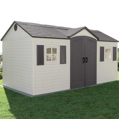 Studio product shot of the Lifetime 15x8 ft. storage shed, front angle, closed centered doors.