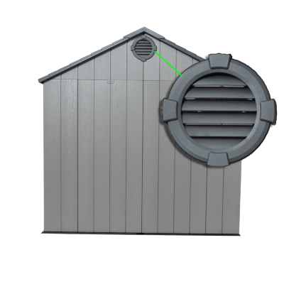 Close-up of the vents on a Lifetime 10x8 outdoor storage shed, showing the gable and circular vent with adjustable louvers. 