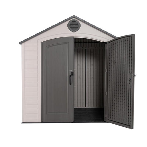 Studio view of the Lifetime 8 ft x 5 ft Outdoor Storage Shed with the doors open, showing the interior structure.
