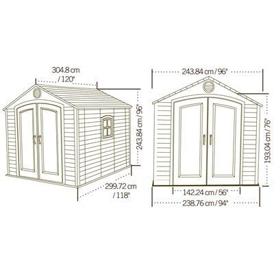 Lifetime 60056 8x10 foot outdoor storage shed dimension diagram, front and side view with exact measurements