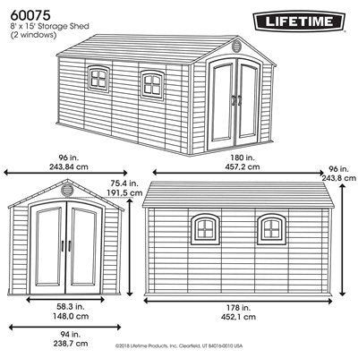 Lifetime 60075 8x15 foot outdoor storage shed dimension diagram with 2 windows and exact measurements