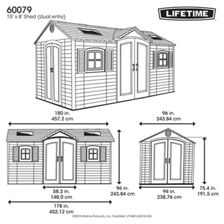 Lifetime 60079 15x8 foot dual entry outdoor storage shed dimension diagram with exact measurements