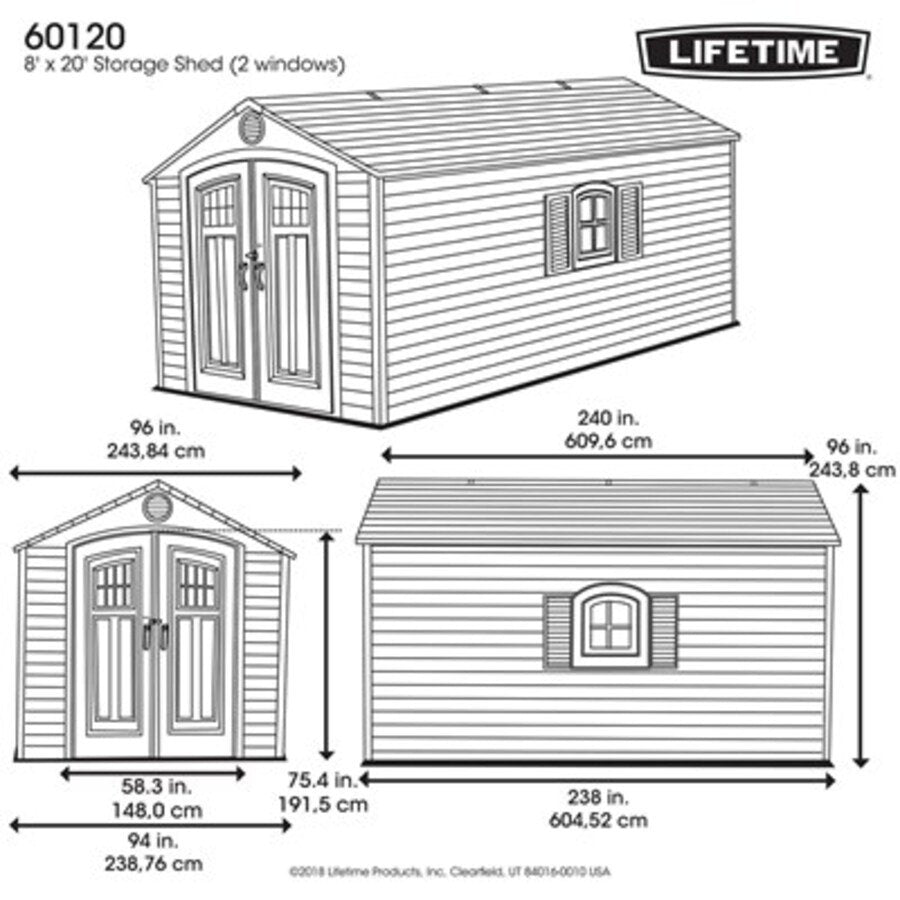 Lifetime 60120 8x20 foot outdoor storage shed dimension diagram with 2 windows and exact measurements