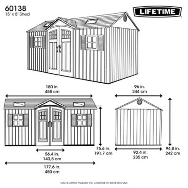 Lifetime 60138 15x8 foot outdoor storage shed dimension diagram with exact measurements