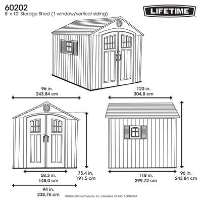 Lifetime 60202 8x10 foot outdoor storage shed dimension diagram, front and side view with exact measurements