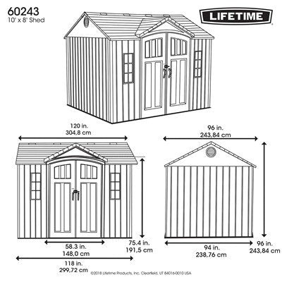 Lifetime 60243 10x8 foot outdoor storage shed dimension diagram, front and side view with exact measurements