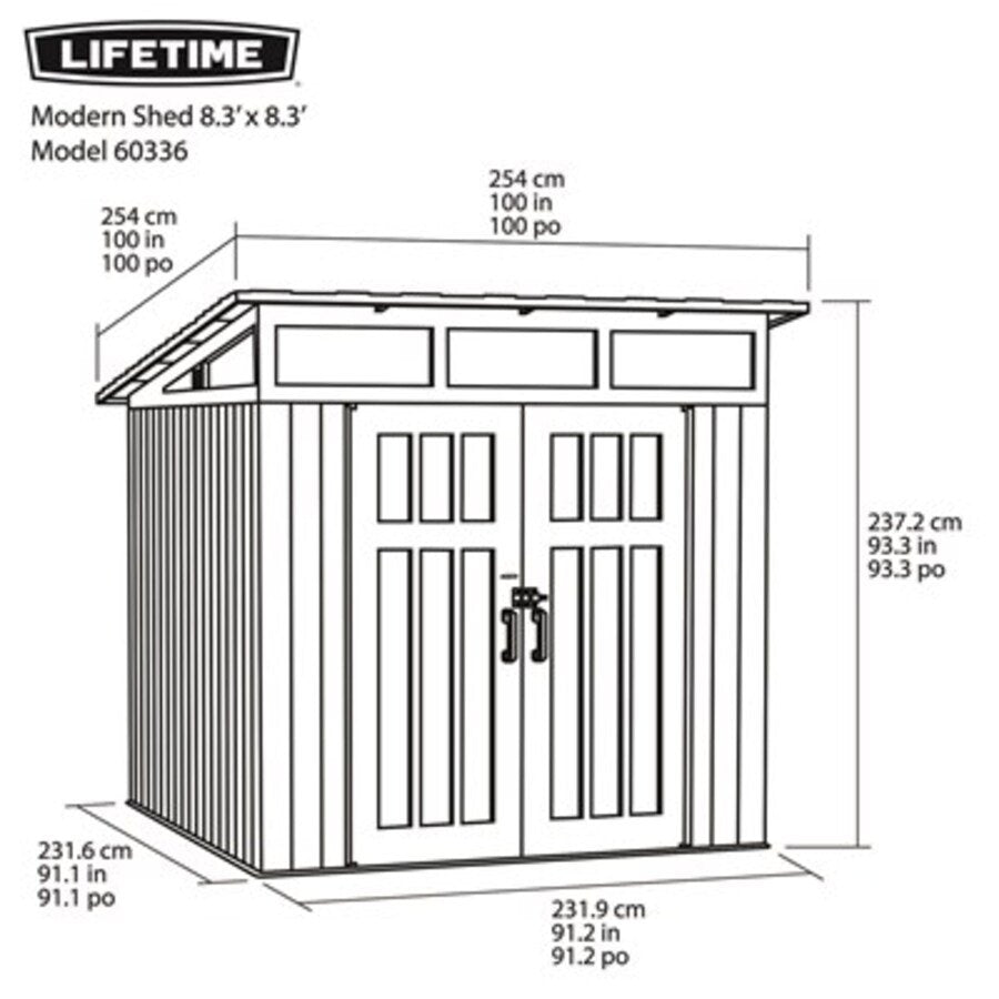 Lifetime Modern Shed 60336 8.3x8.3 foot dimension diagram with exact measurements
