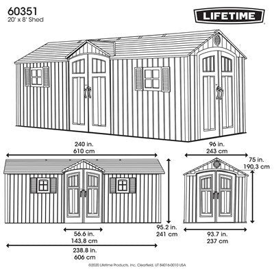 Lifetime 60351 20x8 foot outdoor storage shed dimension diagram with exact measurements