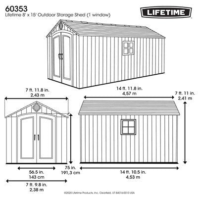 Lifetime 60353 8x15 foot outdoor storage shed dimension diagram with exact measurements