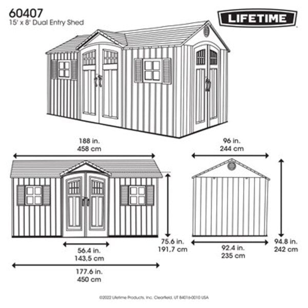Lifetime 60407 15x8 foot dual entry outdoor storage shed dimension diagram with exact measurements