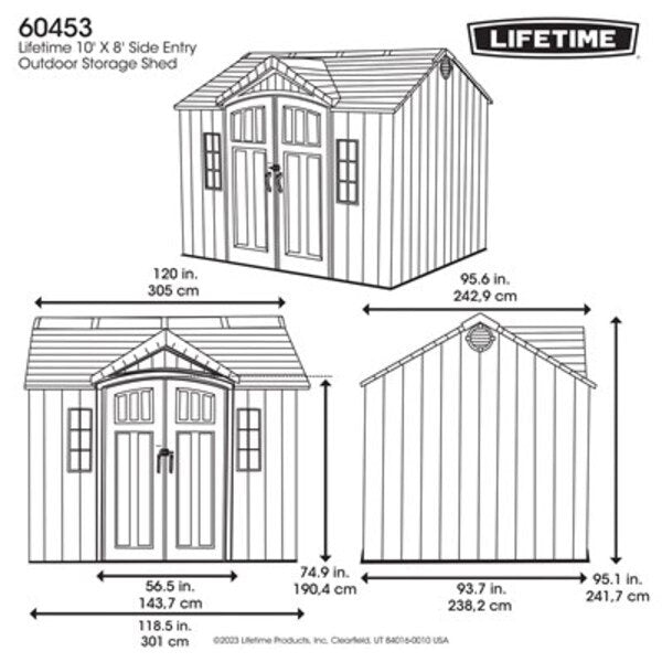 Lifetime 60453 10x8 foot side entry outdoor storage shed dimension diagram with exact measurements