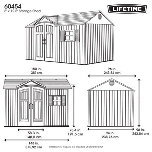 Lifetime 60454 12.5x8 foot side entry outdoor storage shed dimension diagram with exact measurements