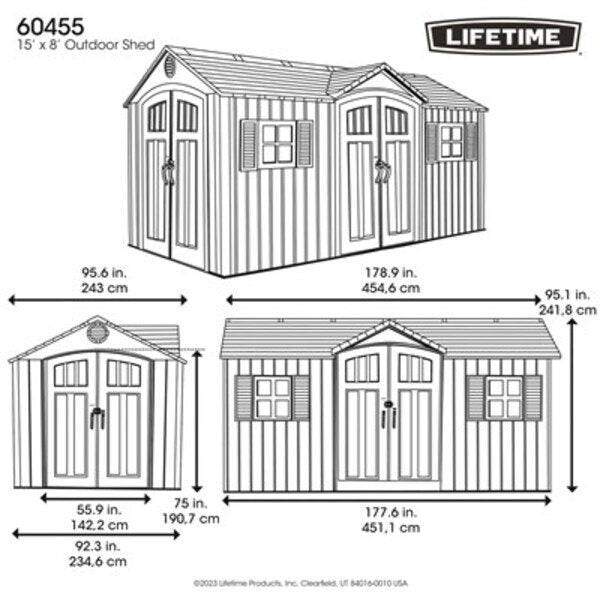 Official Lifetime 60455 15x8 foot dual entry outdoor storage shed dimension diagram with exact measurements