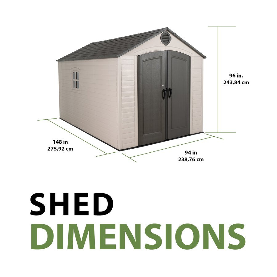 Lifetime 6402 8x12.5 foot outdoor storage shed dimension diagram with exact measurements