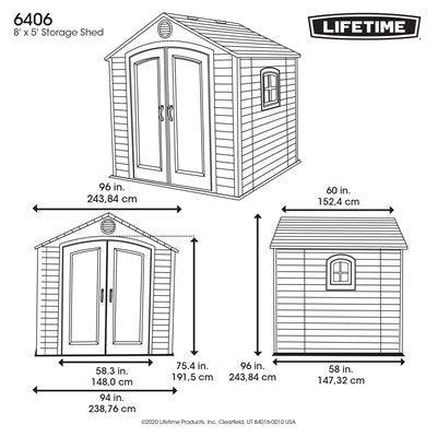 Lifetime 6406 8x5 foot outdoor storage shed dimension diagram, front and side view with exact measurements