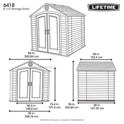 Lifetime 6418 8x5 foot outdoor storage shed dimension diagram, front and side view with exact measurements
