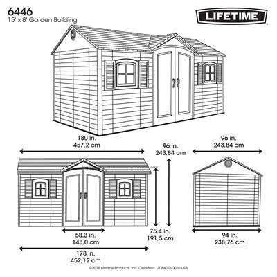 Lifetime 6446 15x8 foot outdoor storage shed dimension diagram, front, side, and back view with exact measurements