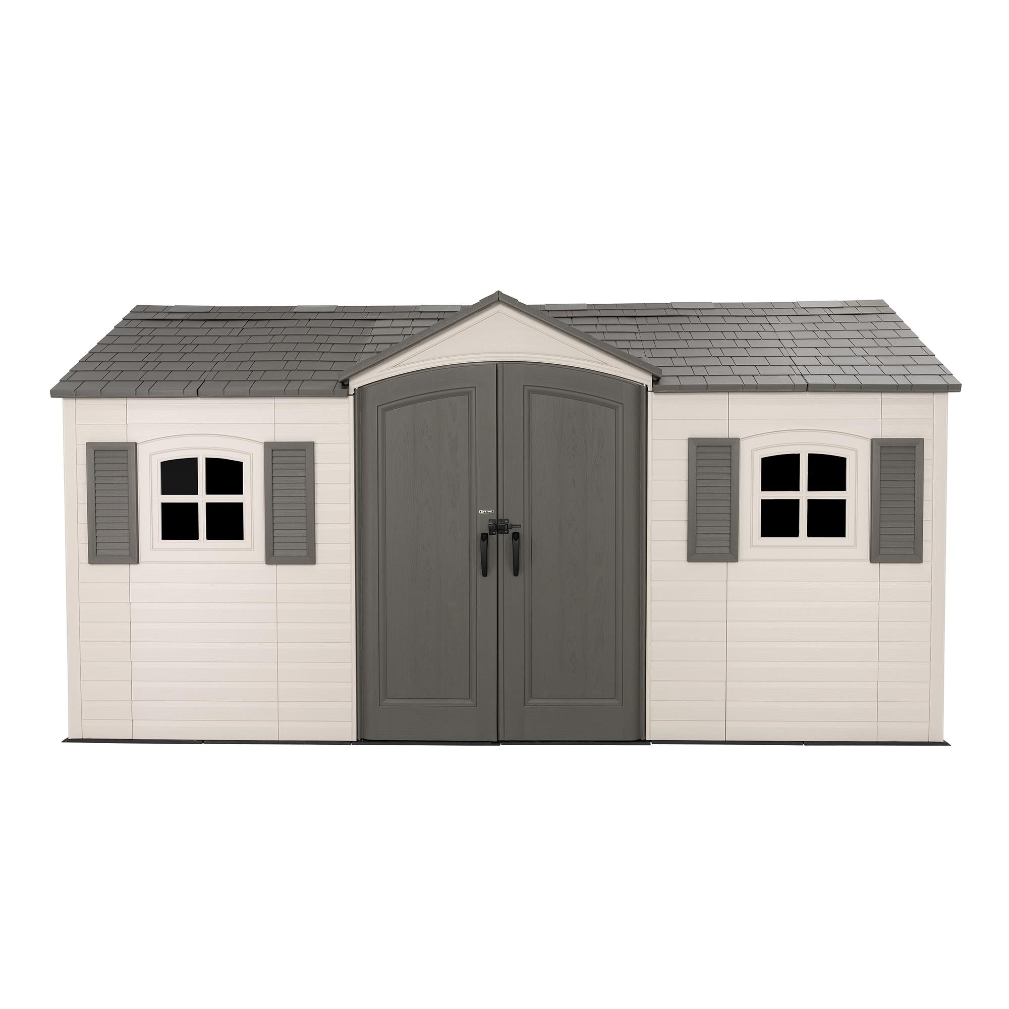 Front view of the Lifetime Legacy 15x8 Shed with double doors and windows, showing the classic design and sturdy roof.