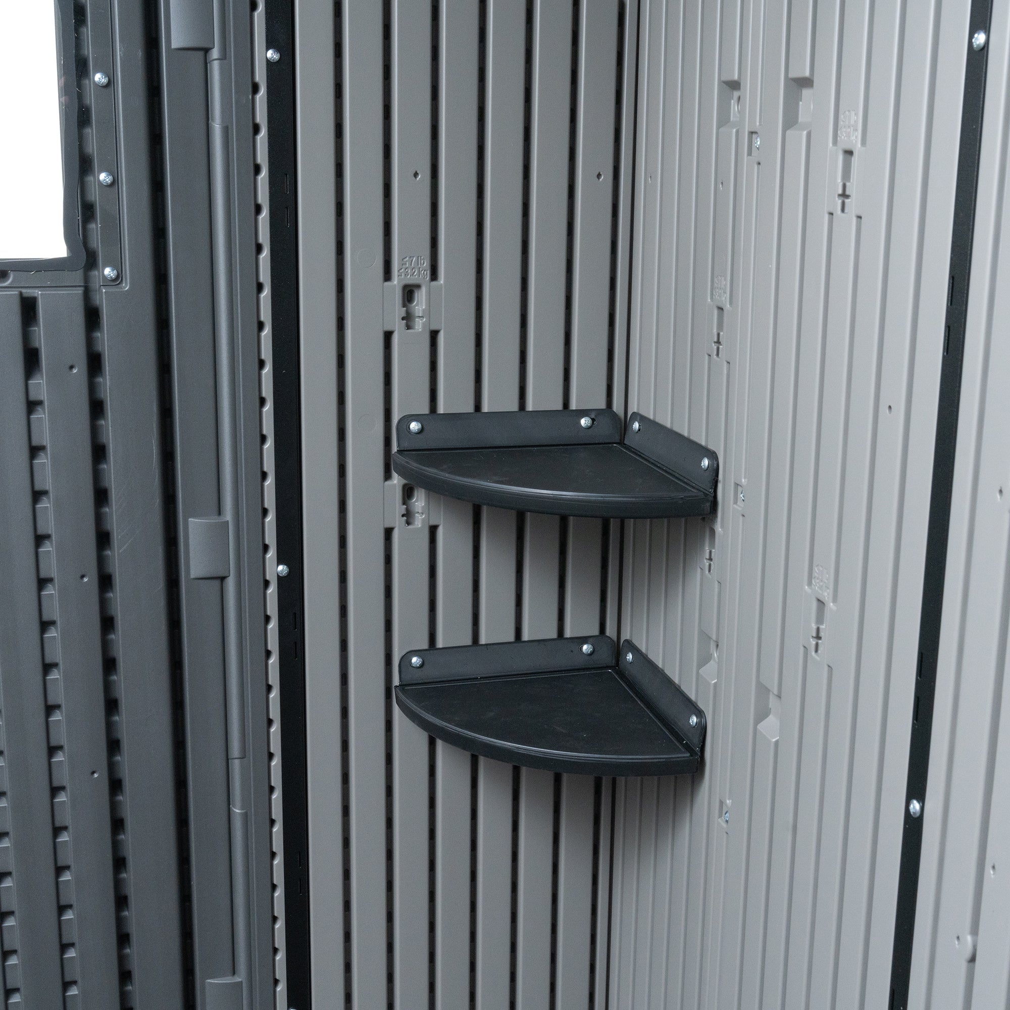 Interior view of a Lifetime 20x8 shed with two corner shelves mounted on the wall. 