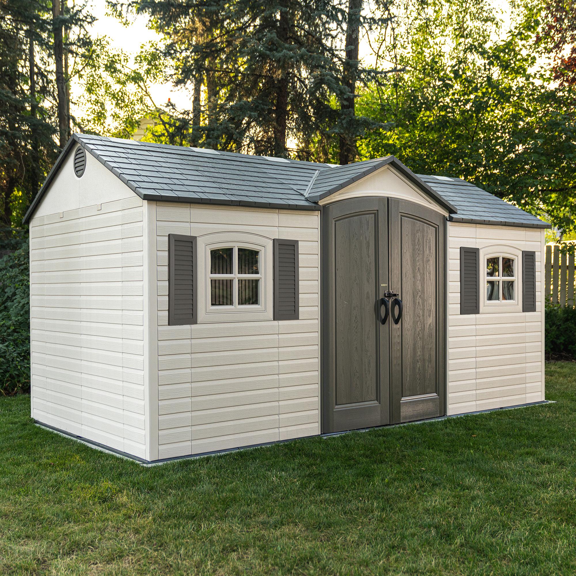 Side view of the Lifetime Legacy 15x8 Shed, highlighting the windows and textured side panels.